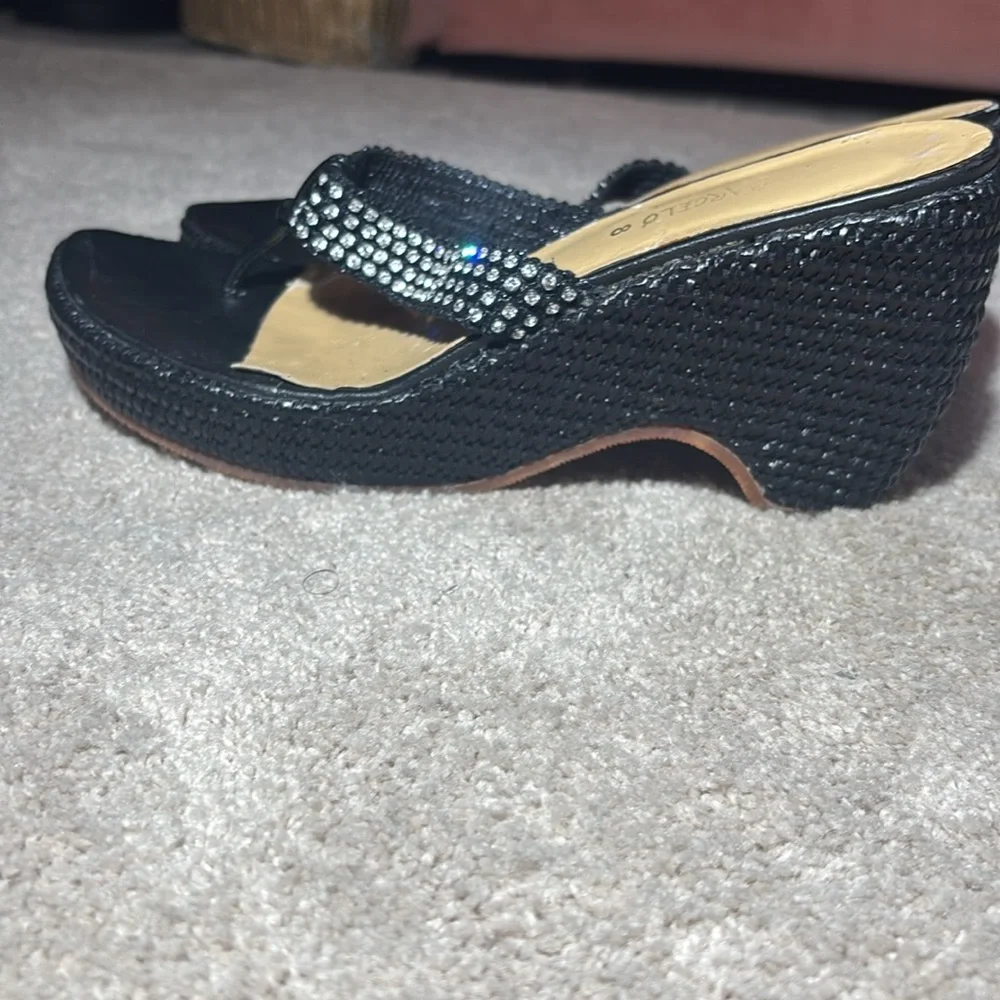 Paloma Barcelo wicker thong wedge sandals black rhinestone designer sandal 8